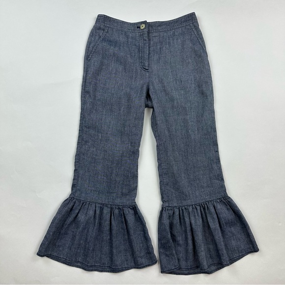 Anthropologie Ett:Twa Chambray Linen Ruffle Hem Wide Leg Pants Size 0 - Picture 2 of 10